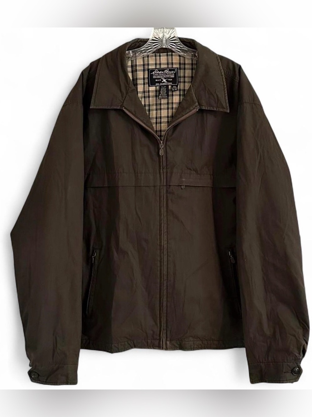 Eddie Bauer Olive Chore Coat Full Zip Jacket Cotton Plaid Lining Men’s Size XL